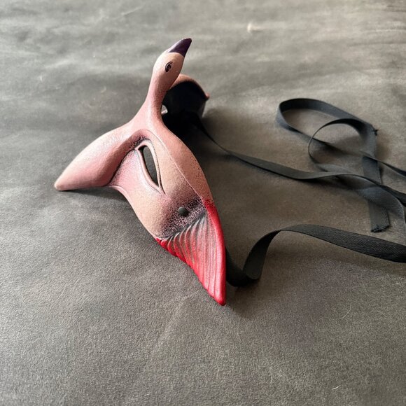 Handcrafted Pink Bird-Inspired Venetian Mask With Ribbon Ties - Picture 3 of 4